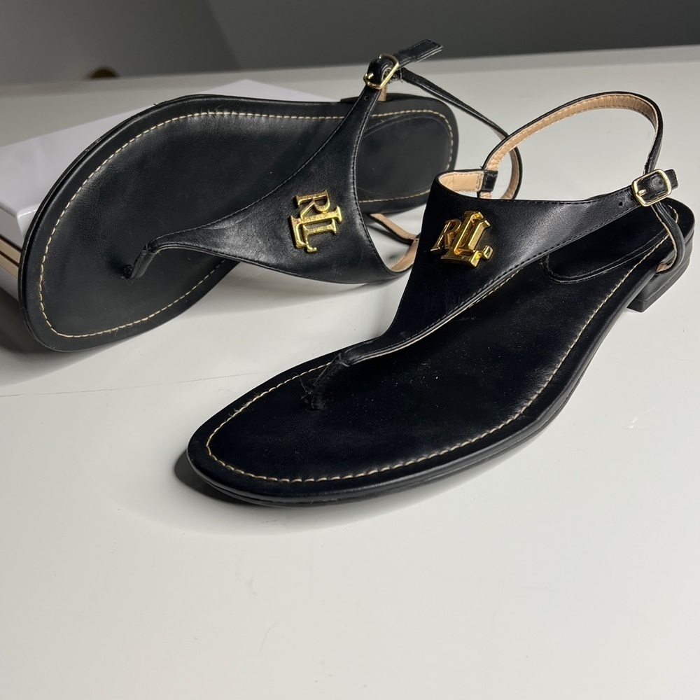 Lauren Ralph Lauren Sz 7 Ellington Black Leather Flat T Strap Sandals - Picture 2 of 8